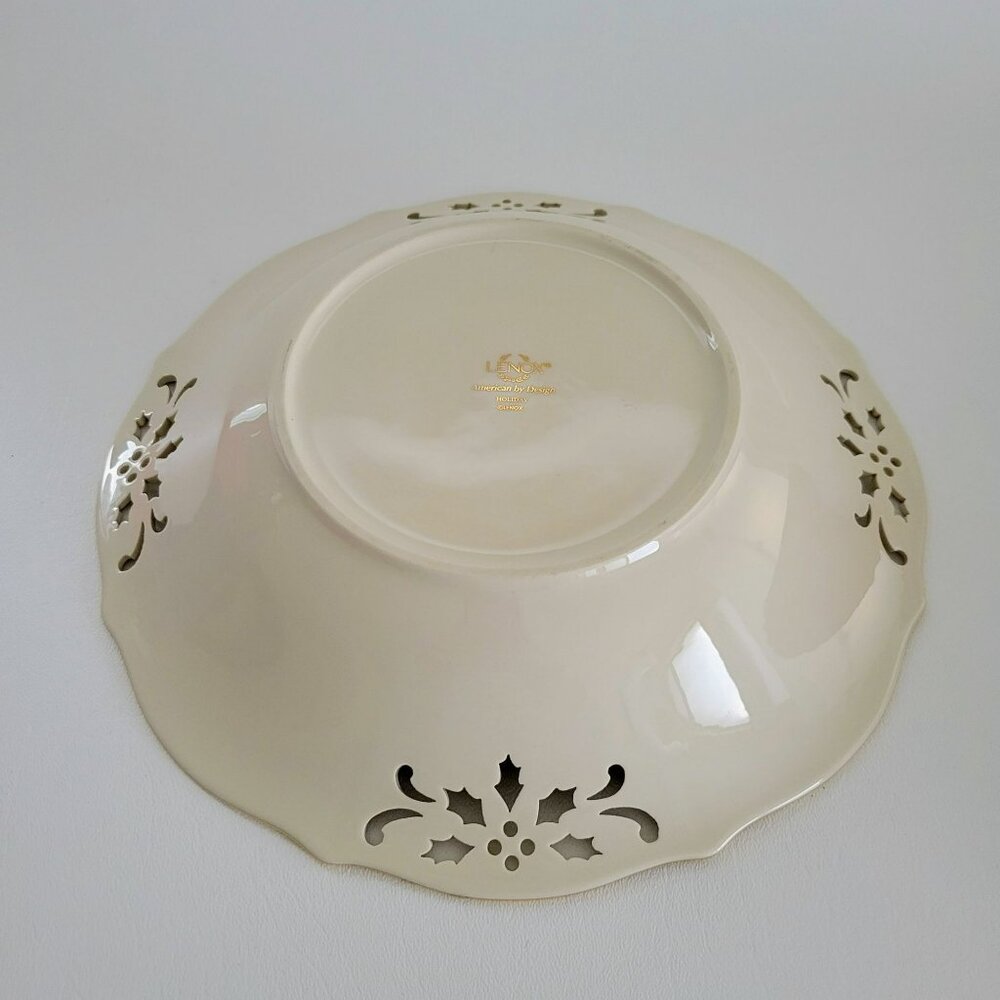 Lenox Holiday Pierced Low Bowl, Gold Trim Christmas Holly Design, Festive Dining - Picture 8 of 12